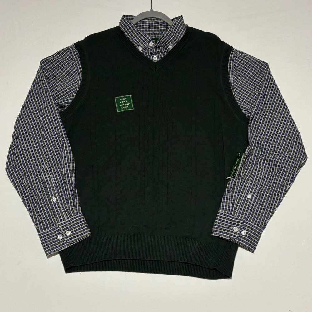 New David Taylor 2-in-1 Sweater Shirt Mens Large Green Plaid Layered V-Neck Vest